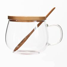 300ml Heat Insulated Clear Glass Cup with Wood Lid Spoon For Herbal Tea Milk