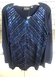 Women’s Bob Mackie Wearable Art Blues Sequin Poly BL Abstract Top Small NWT - Picture 1 of 17