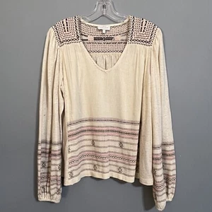 Lucky Brand Blouse Sz S Top Womens Tan Embroidered Boho Long Balloon Sleeve - Picture 1 of 9
