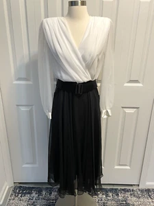 VTG Ursula 8P (PS) White Black Belted Chiffon Midi Length Dress Deep V Belted - Picture 1 of 10