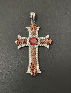 Beautiful Vintage Sterling Silver Ruby Crimson Cross Pendant by DK