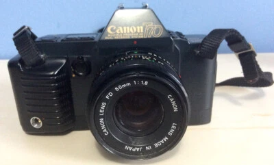CANON T70 CAMERA & FLASH Multiple Prog. AE Duel Metering Sys. 35MM SLR 50MM Lens - Image 1 of 4