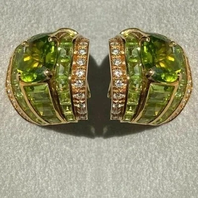 2Ct Oval Lab Created Peridot Huggee Hoop Earrings 14K Yellow Gold Plated Silver - Image 1 of 4