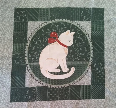 Vintage~Cranston~#1~"Kitty Cat w/Rust Bow"~Greens BG~Cotton Fabric~14.25"x14.75" - Image 1 of 3