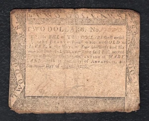 AUGUST 14, 1776 $2 TWO DOLLARS MARYLAND COLONIAL CURRENCY NOTE - Picture 1 of 2