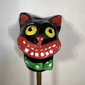 Vintage Paper Mache Black Cat Head Day Of The Dead Folk Art Halloween Rattle - Picture 1 of 10