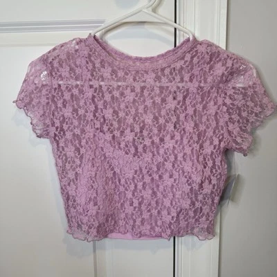 Arizona Women’s Juniors XS Pink Floral Lace Crop Top with Tank Underneath  NWT - Image 1 of 4