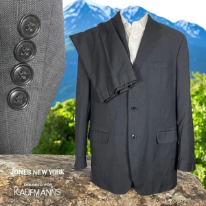 Jones New York USA Made 2 Piece Suit Mens 46L 38x31 Gray Check Wool Cashmere - Picture 1 of 16