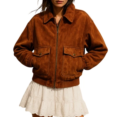 Women's Handmade Genuine Sheepskin Suede Leather Bomber Style Casual Jacket Coat - Image 1 of 4