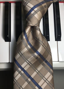 STAFFORD ESSENTIALS / Top Executive Taupe & Blue Plaid Easy Care Poly Tie NWOT