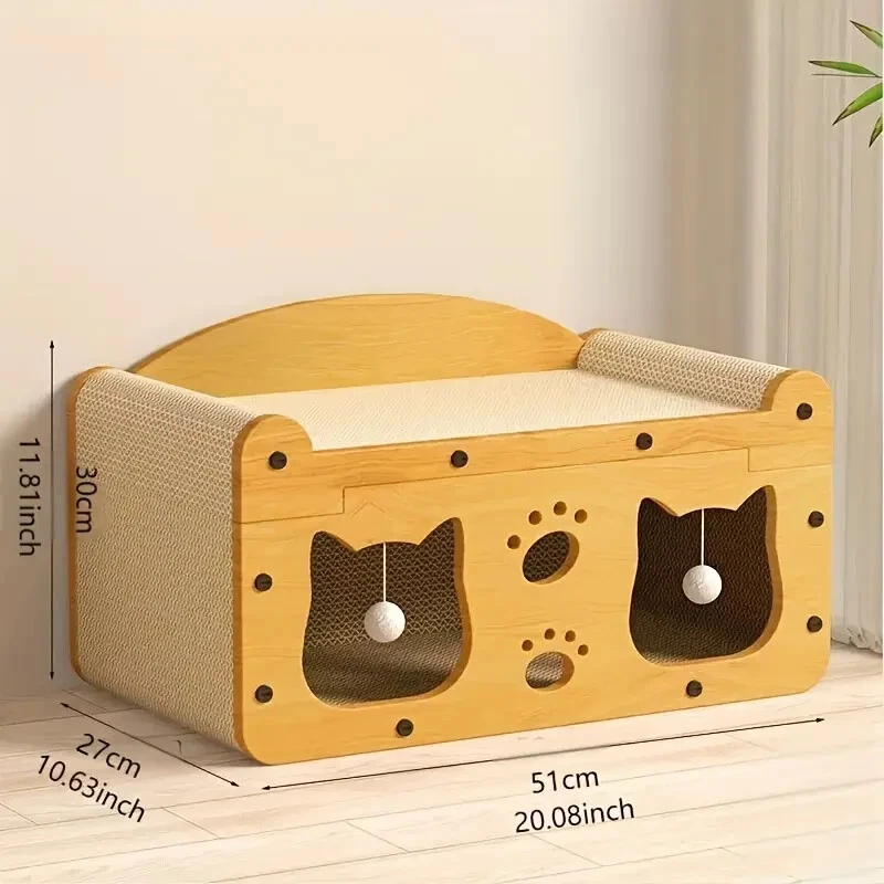 Cat Scratcher House, 2 in 1 Cardboard Cat Scratcher & Cozy Bed with Hanging Toys - Image 1 of 1