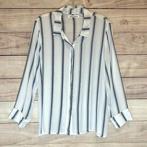 Reformation Button Up Top Womens XL White Blue Semi-Sheer Collar Stripes Career - Picture 1 of 10