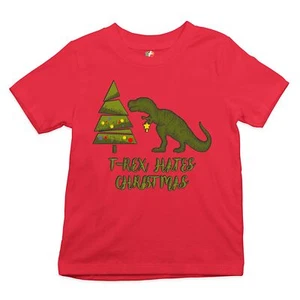 T-Rex Hates Christmas Youth T-shirt Funny Dinosaur Xmas Eve Festive Kids - Picture 1 of 29