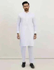 J. Junaid Jamshed Men White Kurta Trouser Eid Smart Fit Casual Pyjama Suit 2 Pc - Picture 1 of 4