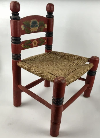 Vintage Antique Child’s Or Doll Hand Made Painted Folk Art Ladder Back Chair Cover