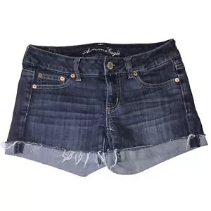 Women Junior American Eagle Stretch Low Rise Mini Shorts Size 2 Dark Wash - Picture 1 of 7
