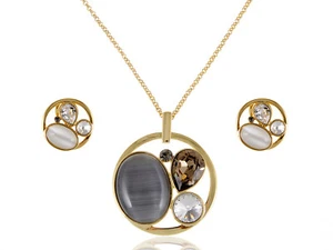 Circular Smoke Cat Eye Crystal Rhinestune Earring Necklace Jewelry Set - Picture 1 of 5