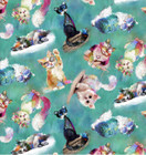 3 Wishes 16548 Good Kitty Tossed Cats Turquoise Cotton Fabric By The Yard