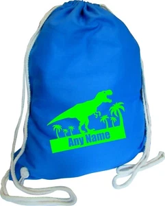 Personalisierter PE-Beutel Dinosaurier-Druck BLAU BAUMWOLLE Kinder Schule Sport Fitnessstudio - Bild 1 von 12