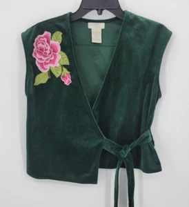 Top CAD Para Mujer XL Verde Terciopelo Floral Bordado Sin Mangas Envoltura Boho Hippie - Imagen 1 de 9
