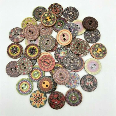 100Pcs Retro Wood Buttons Round Floral Sewing Craft DIY 2 Hole Mixed Color - Image 1 of 4