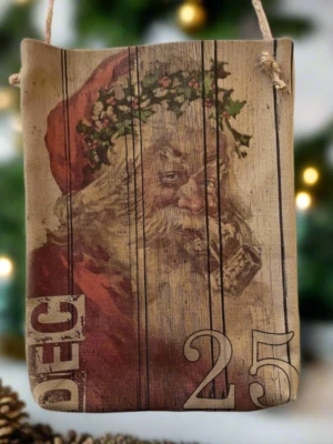 Handcrafted Christmas Primitive Retro look Hanging Santa Fabric pouch/Bag - Image 1 of 3