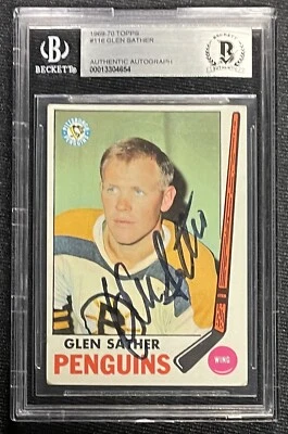 GLEN SATHER SIGNED 1969-70 TOPPS BRUINS CARD BECKETT AUTO 654 - Image 1 of 2