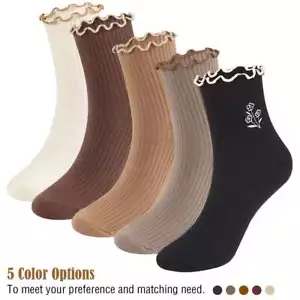 Women Cotton Soft Crew Socks Flowers embroid Solid Classic Sport Casual Mid Calf - Picture 1 of 17