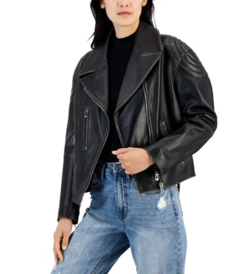 HUGO Women Leather Zip-Sleeve Oversized Biker Jacket Black Size XL - Image 1 of 4