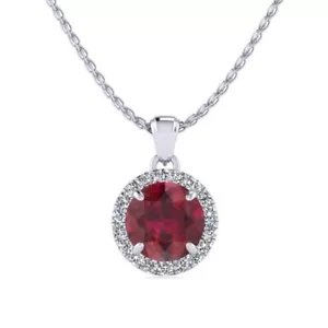 14 Karat White Gold Necklace with 1/2 Carat Round Shape Ruby and Halo Diamond - Picture 1 of 5