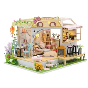 DIY Dolls House Cat Cafe Garden 1:24 Miniature Room Wooden Box Dollhouse + LED - Picture 1 of 12