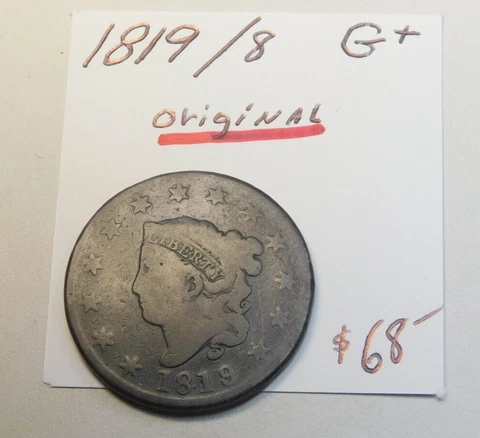 * UNUSUAL FIND! 1819 / 8 ORIGINAL GOOD+ CORONET LARGE CENT - CHOCOLATE BROWN ⭐⭐ Cover