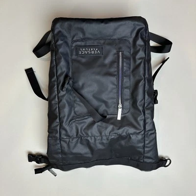 Versace Parfums Black Blue Nylon Roll-Top Backpack Greek Key Straps Promotional - Image 1 of 4