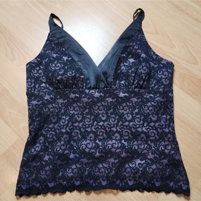 Y2K 90-х Bebe фиолетовый черный кружева без рукавов Babydoll верхний черный атласный v-образным вырезом большой - Изображение 1 из 4