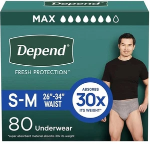 Depend Men’s Incontinence Underwear Adult Diapers S-M 80ct Absorbent Briefs - Picture 1 of 9