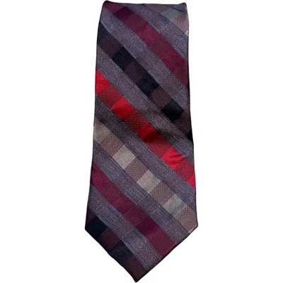 Madison 100% Silk Plaid Self Point Career Neck Tie Burgundy Mens 58" Length NWT - Image 1 of 4