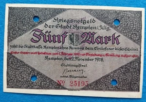 08 213 Notgeld Stadt Kempten i. Allgäu 5 Mark, 2.11.1918, KN rot 5-stellig, Loch - Picture 1 of 2