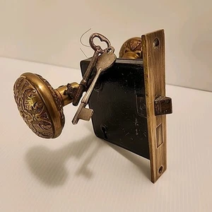 Antique Interior Mortise Door Lock & Ornate Brass Knobs by Russwin w/ Keys - Picture 1 of 9
