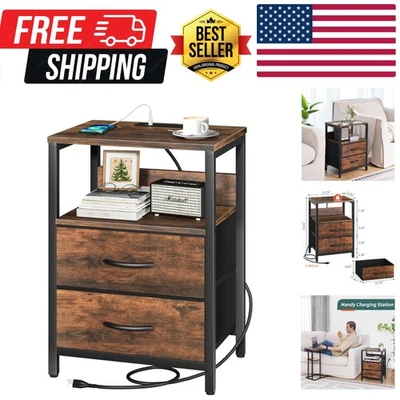 Mesita de Noche con Estación de Carga, Mesita de Noche Pequeña con Cajones de Tela y S... Foto 1 de 4