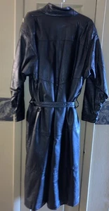 Vintage Buttery Soft Black Long Leather Coat Zip Front Belted L - Imagen 1 de 8
