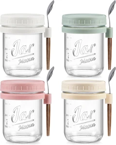 4 Pack Overnight Oats Containers with Lids and Spoons, 16 Oz Glass Mason Jars wi - Picture 1 of 12