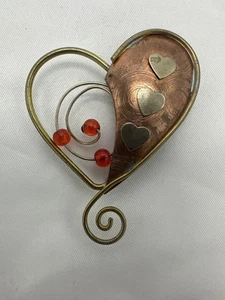 Vintage Handmade Heart Brooch Mixed Metal Wire Red Beads Artisan Pin Jewelry - Picture 1 of 7
