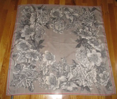 Ellen Tracy Gray Black Floral Red Trim 100% Silk Square Scarf 34" - Image 1 of 4