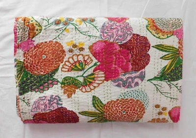Indian Cotton Handmade Floral Kantha Bedspread Handmade Quilt Queen Size Blanket - Image 1 of 4