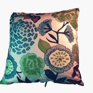 Pier 1 Floral Embroidered Decorative Pillow 15x15 Green Blue Striped Cushion - Picture 1 of 9