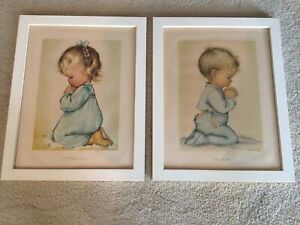 Vintage Framed Baby Boy Girl Praying Prayers Pictures Home Decor 15”x19”