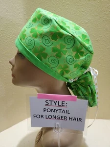 Clover Metallic Outline St. Patrick's Women's Ponytail Surgical Scrub Hat/Cap - Picture 1 of 10