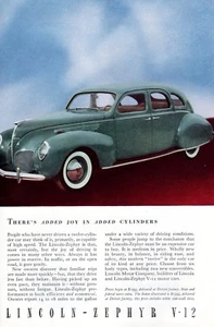 Anuncio impreso vintage 1938 automóvil Lincoln Zephyr V-12 cilindros añadidos alegría - Imagen 1 de 2