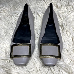 Roger Vivier Grey Green Classic Laquier Flats Metallic Buckle Shoes Sz 6 36 - Picture 1 of 8