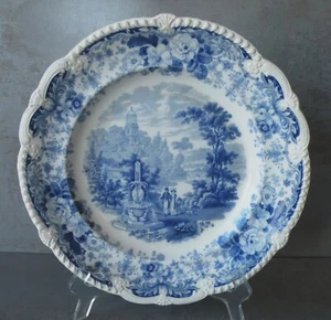 c.1830 MAY Blue Transferware STAFFORDSHIRE Wide Rim Soup Plate FOUNTAIN 10.25in - Picture 1 of 5